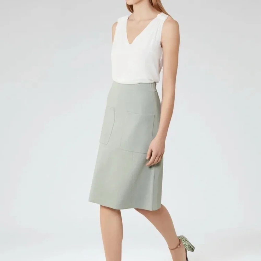 REISS Bridgette Sage Green Pencil Knit Skirt Pockets High Waisted Womens Size 2